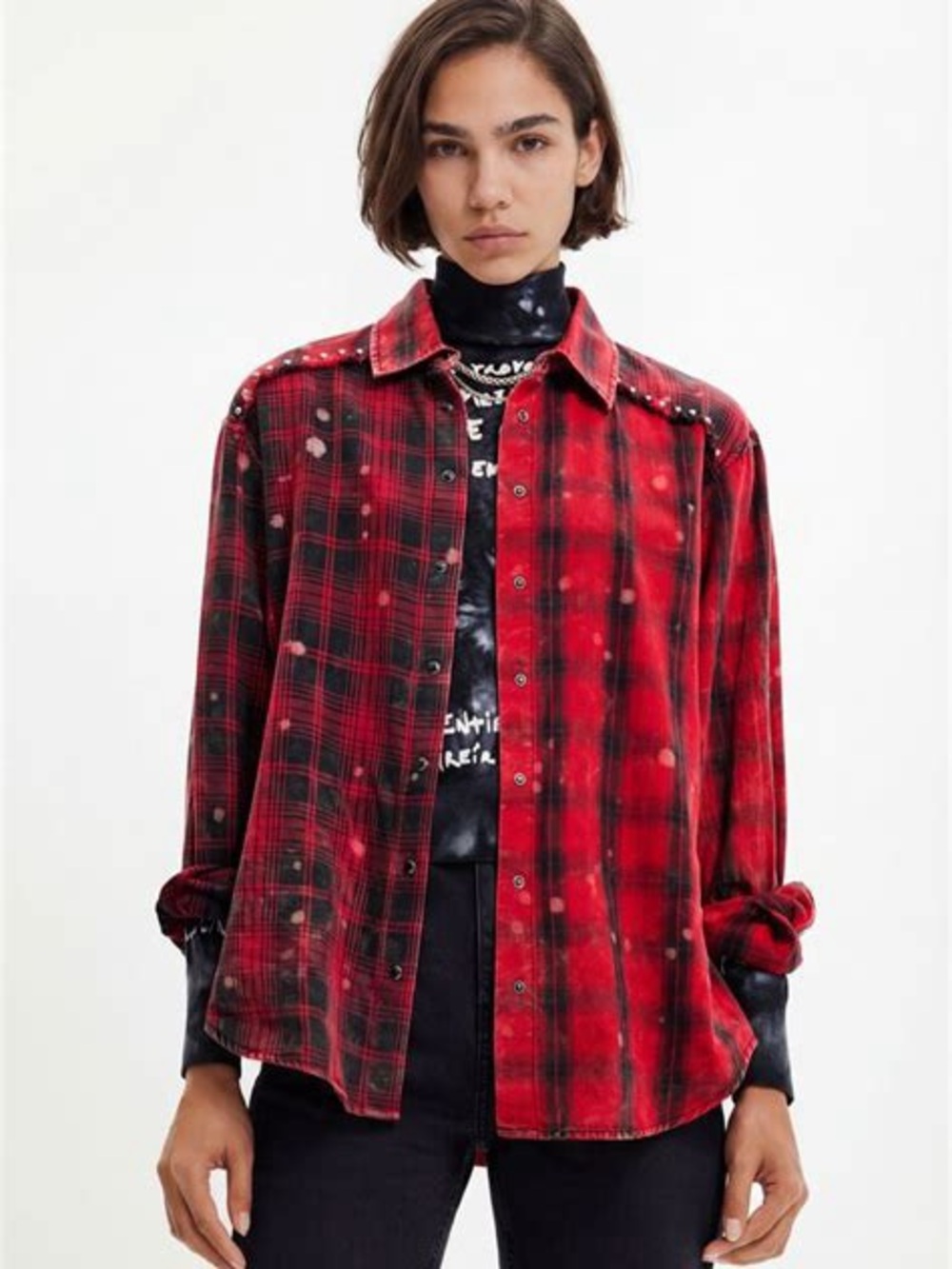 Desigual Red and Black Plaid Shirt Jacket with Distressed Detail